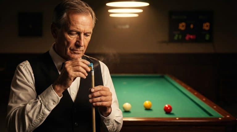 Joueur de billard carambole en gilet noir preparant son coup