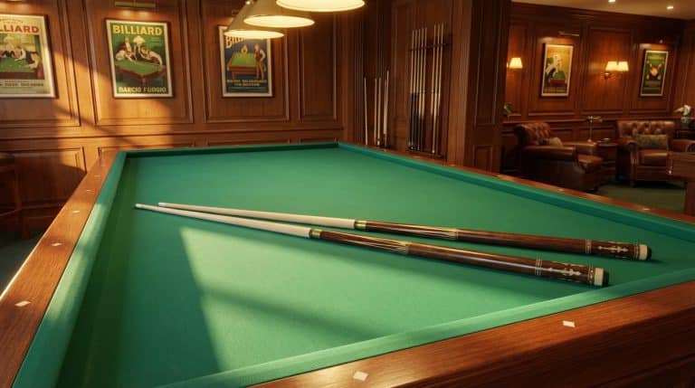 Queue de billard en deux parties posee sur une table de carambole