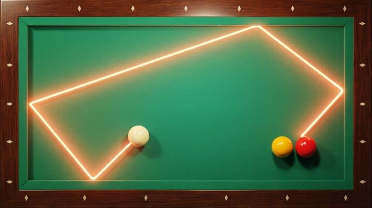 Trajectoire lumineuse d'une bille touchant trois bandes sur une table de carambole