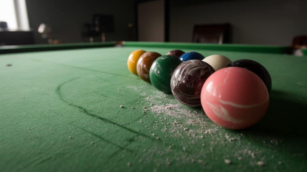 Billes de snooker de couleur alignées sur le drap vert