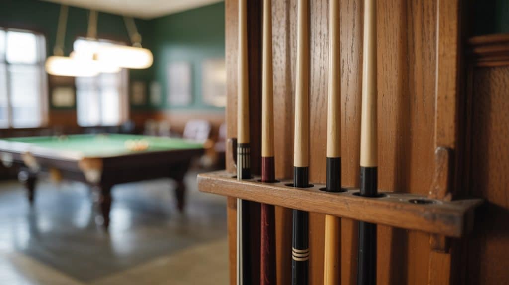 Râtelier de queues en bois dans une salle de club, table au fond